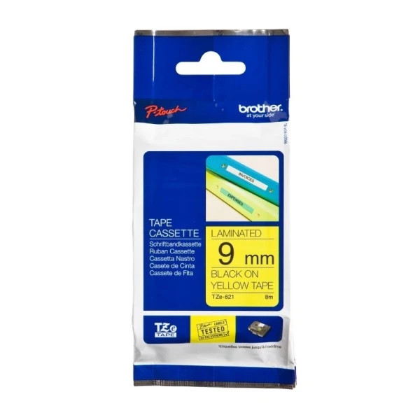 Brother original TZe621 tape &ndash; sort p&aring; gul, 9 mm bred