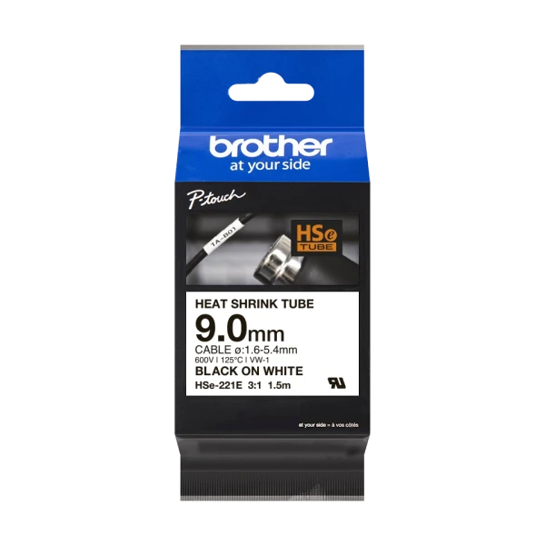 Brother original HSe-221E - 9 mm krympeflextape i sort på hvid Brother original HSe-221E - 9 mm krympeflextape i sort på hvid