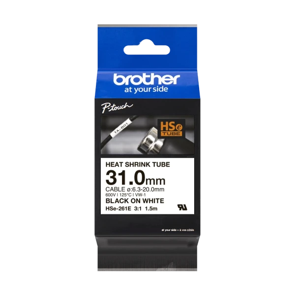 Brother original HSe-261E - 31 mm krympeflextape i sort på hvid Brother original HSe-261E - 31 mm krympeflextape i sort på hvid
