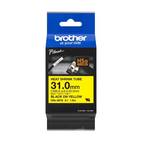 Brother original HSe-661E - 31 mm krympeflextape i sort på gul Brother original HSe-661E - 31 mm krympeflextape i sort på gul